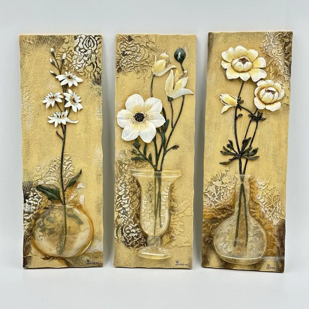 Boem Flowers Tile in Vase 3D Wall Hangings Bas-relief Set of 3 Vintage Signed